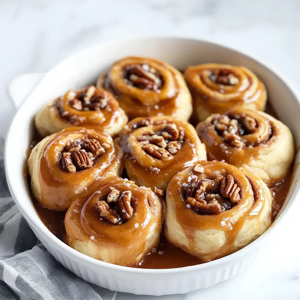 Un plat de petits pains aux noix de pécan fraîchement cuits arrosés de sauce caramel.