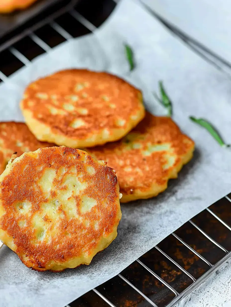 Un gros plan de galettes de pommes de terre dorées sur une feuille de papier sulfurisé, posées sur une grille de refroidissement avec des herbes vertes à proximité.