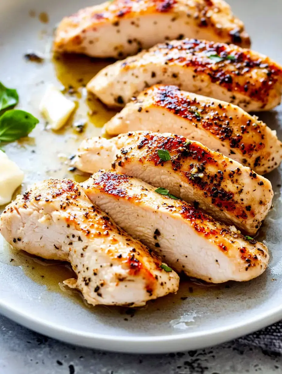 Une assiette de blancs de poulet grillés tranchés, assaisonnés d'herbes et arrosés d'huile d'olive.