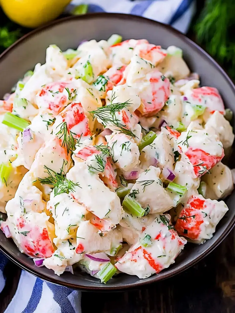 Un bol de salade crémeuse avec des morceaux de homard, du céleri et de l'aneth.