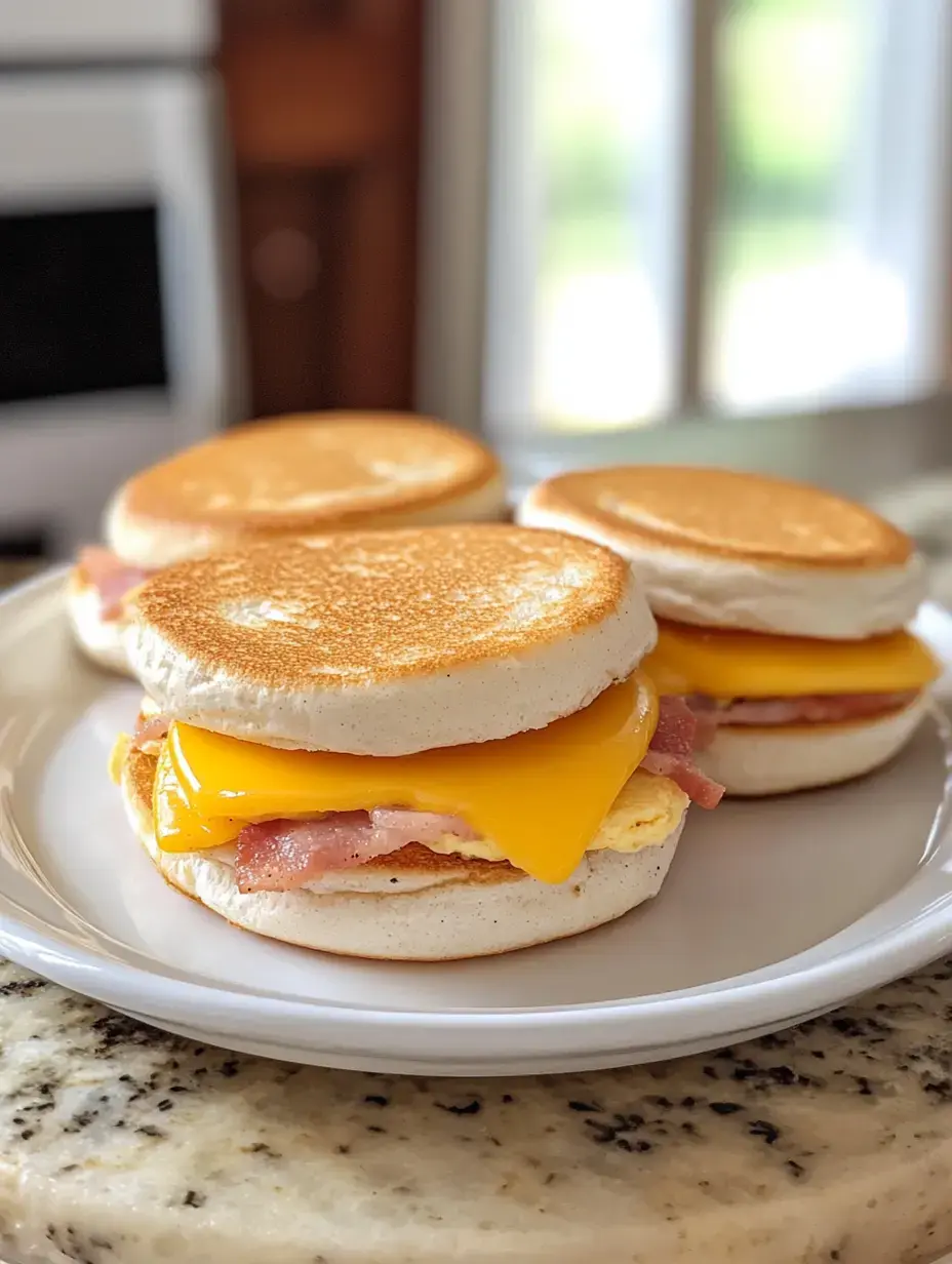Une assiette avec trois sandwichs de petit-déjeuner préparés avec des muffins anglais grillés, du fromage cheddar, du jambon et un œuf.