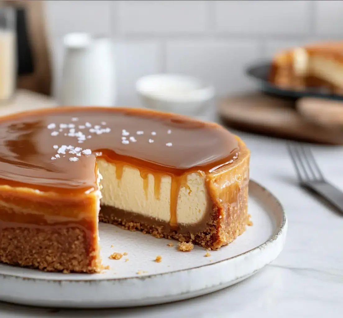 Un cheesecake crémeux nappé de caramel et saupoudré de sel, avec une part découpée, posé sur une assiette blanche.