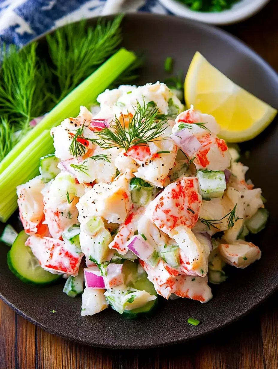 Gros plan d'une assiette remplie de salade de fruits de mer crémeuse au crabe, légumes coupés en dés, garnie d'aneth frais et d'un quartier de citron.