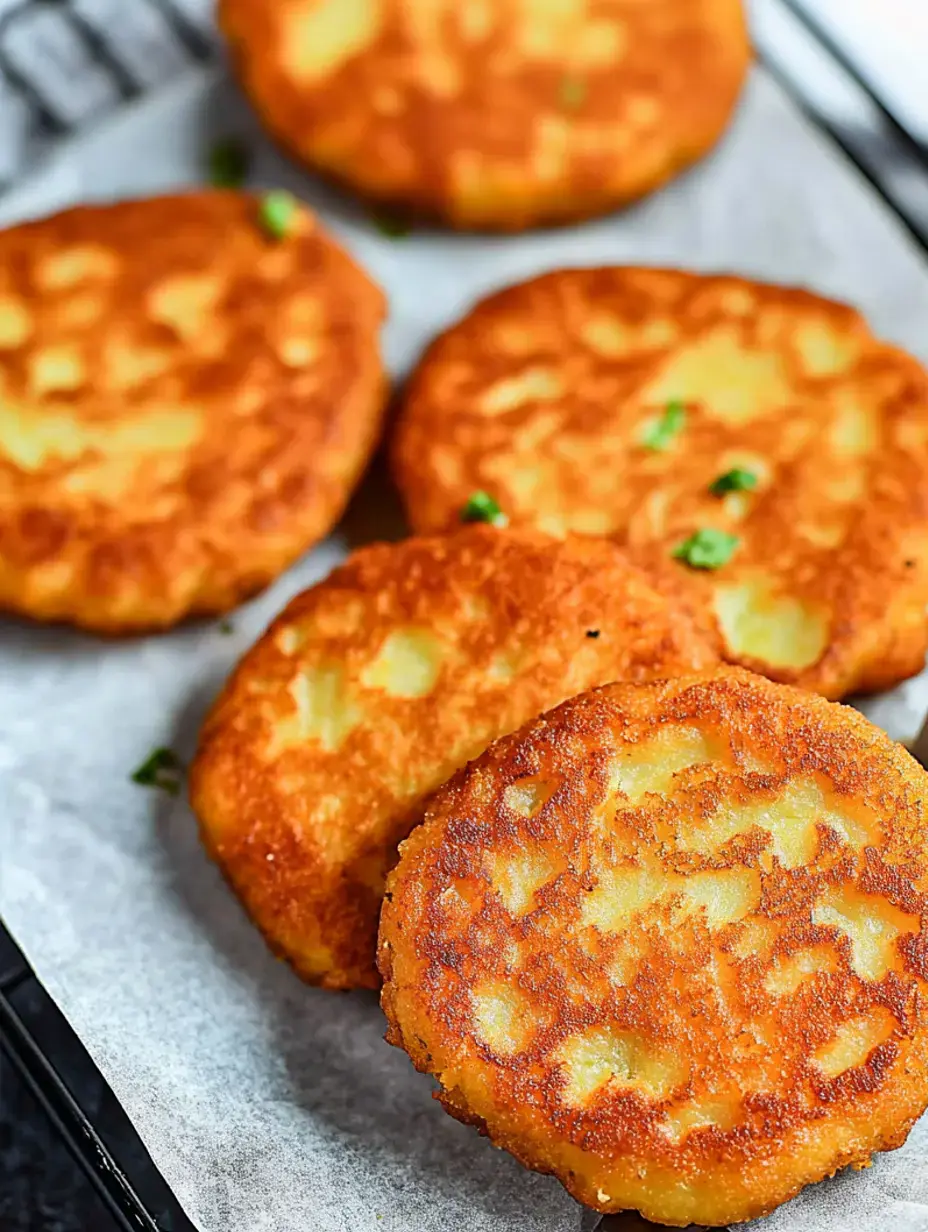 Une assiette de galettes de pommes de terre dorées garnies d'herbes vertes sur du papier sulfurisé.