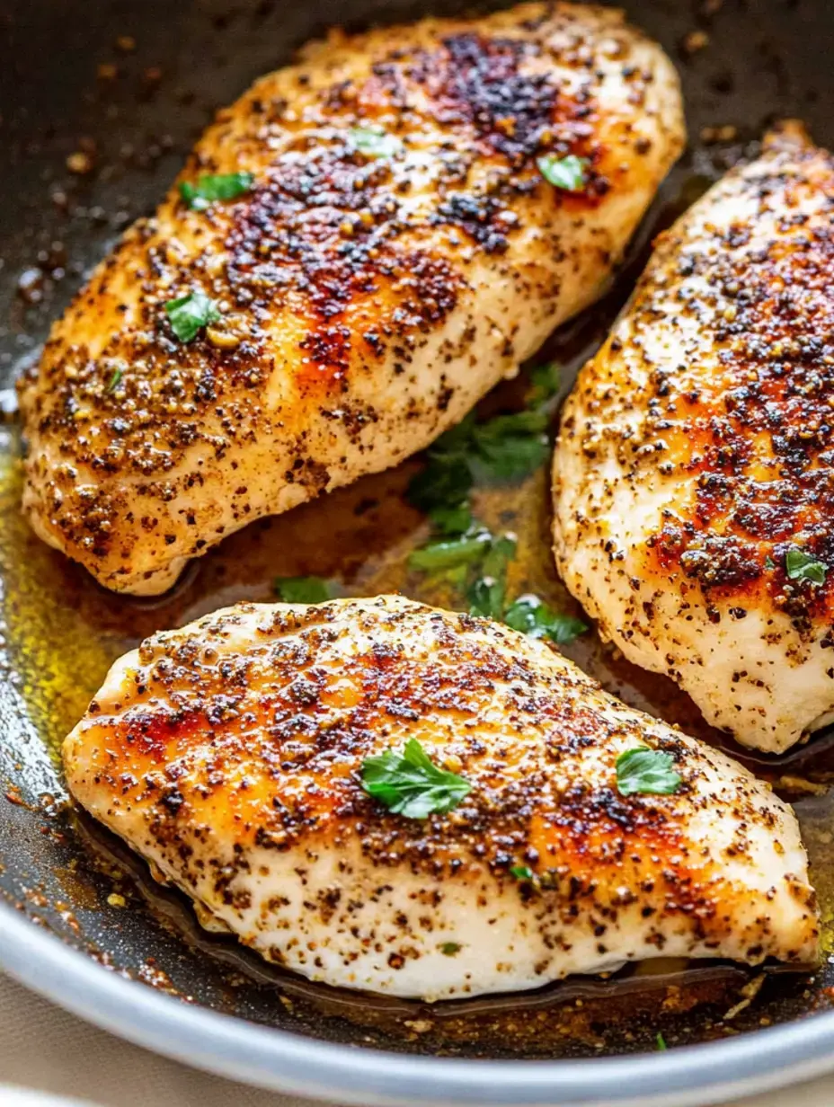 Trois blancs de poulet dorés et assaisonnés cuisent dans une poêle, garnis d'herbes fraîches.