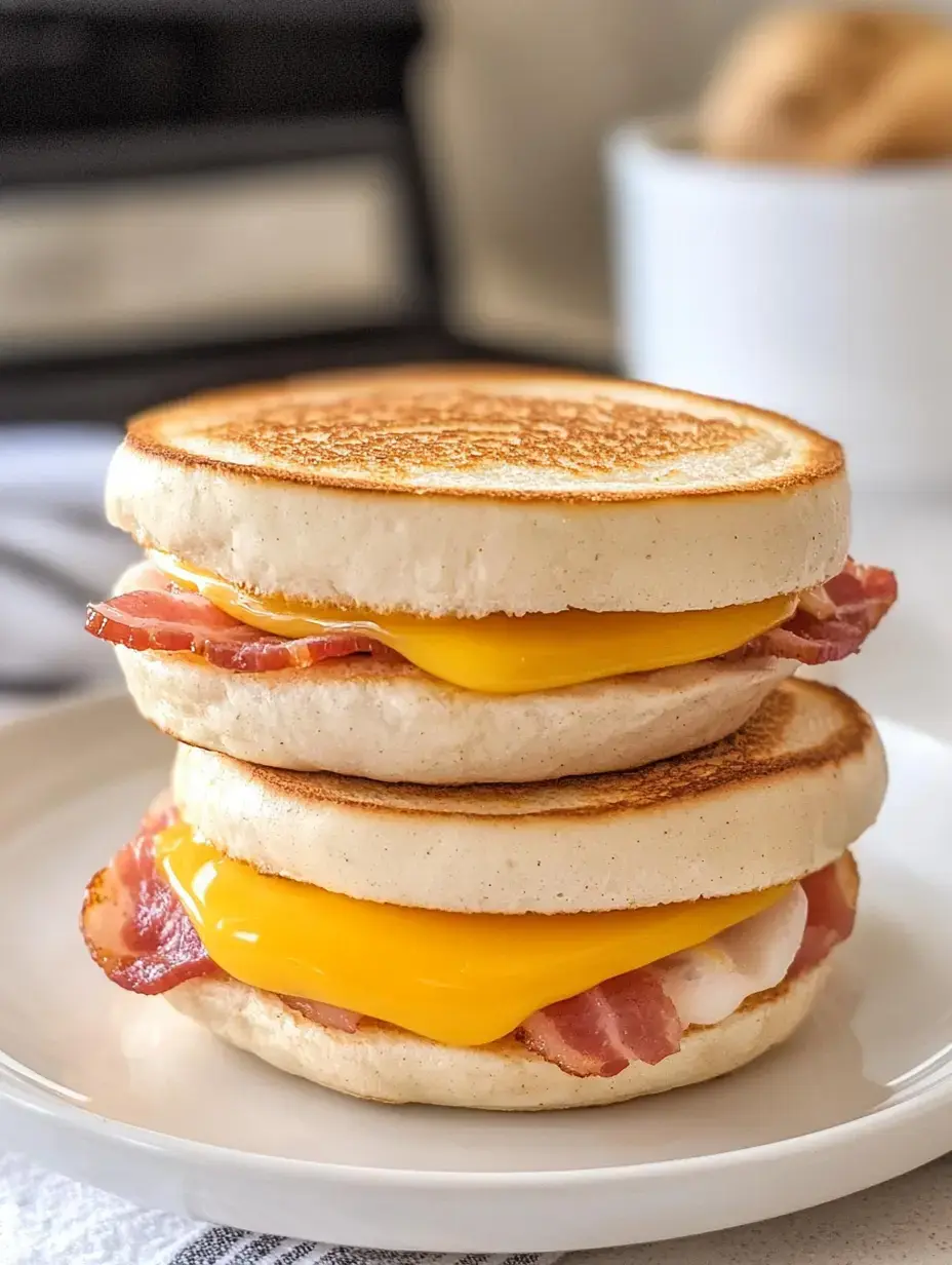 Un gros plan d'un sandwich petit-déjeuner à deux étages avec du bacon et du fromage fondu entre des muffins anglais grillés.