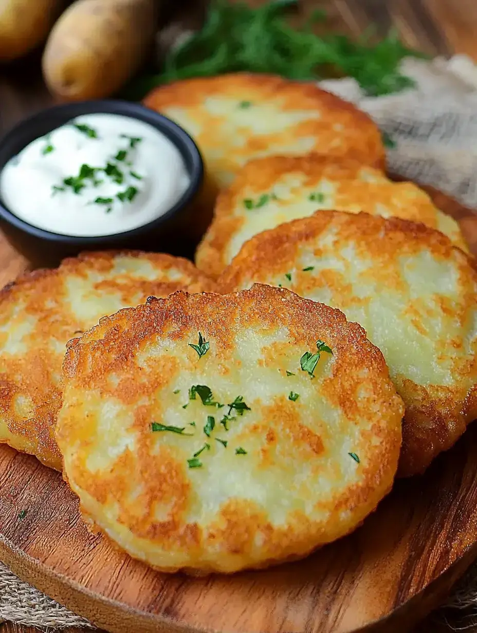 Un plateau en bois contient plusieurs galettes de pommes de terre dorées garnies d'herbes, accompagnées d'un petit bol de crème fraîche.