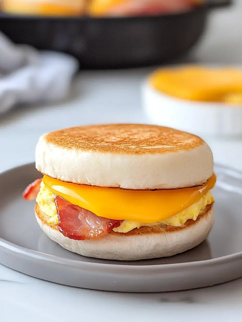 Un muffin anglais grillé garni de bacon croustillant et de fromage cheddar fondu, servi sur une assiette grise.