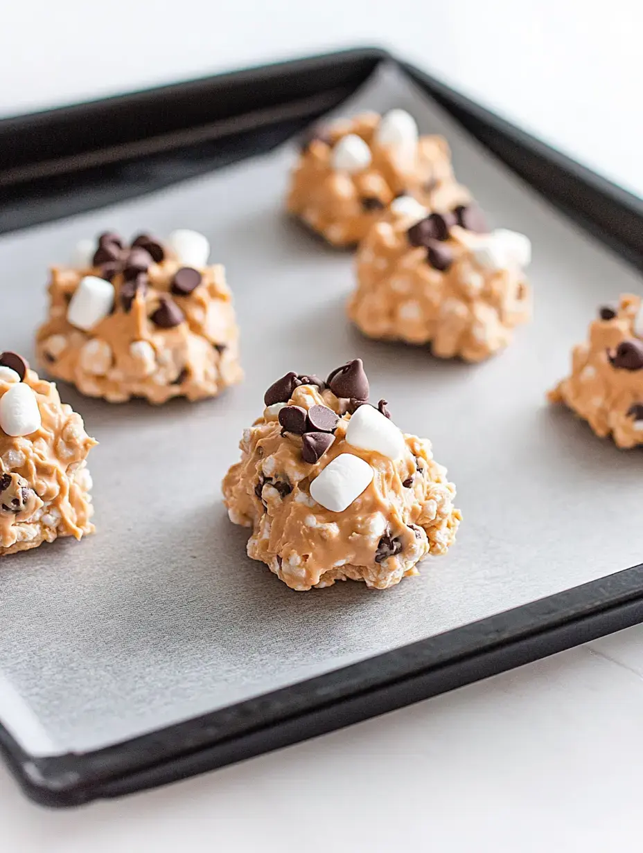 Un plateau avec des amas de cookies sans cuisson faits de pop-corn, garnis de mini guimauves et pépites de chocolat.