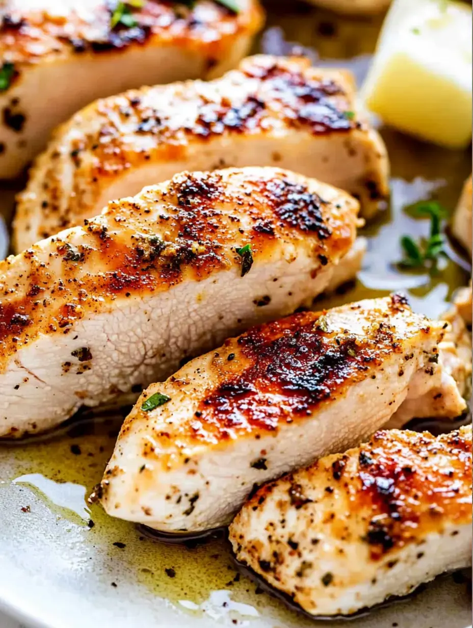 Un gros plan de filets de poulet grillés assaisonnés sur une assiette, garnis d'herbes et arrosés d'huile.