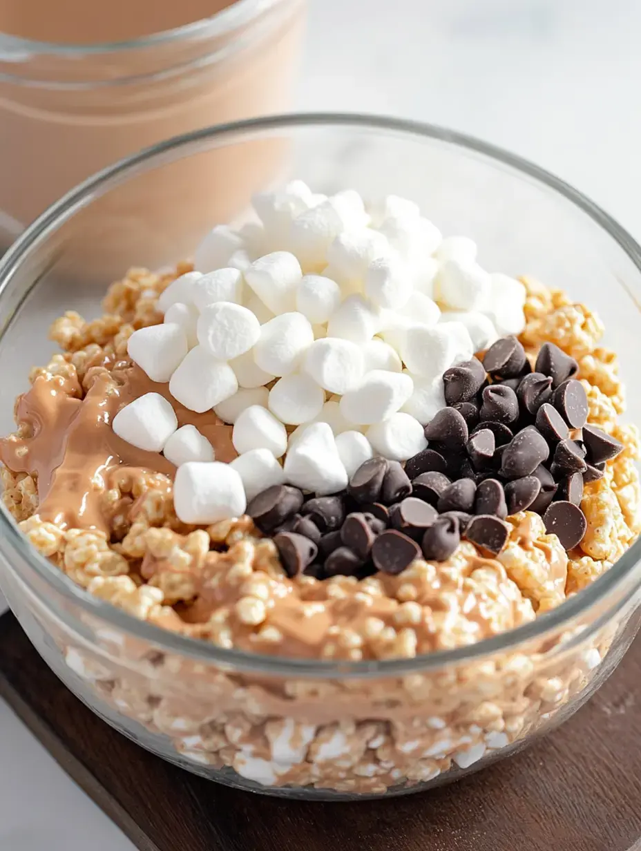 Un bol en verre transparent rempli de pop-corn garni de beurre de cacahuète, guimauves et pépites de chocolat, avec un pot de boisson en arrière-plan.