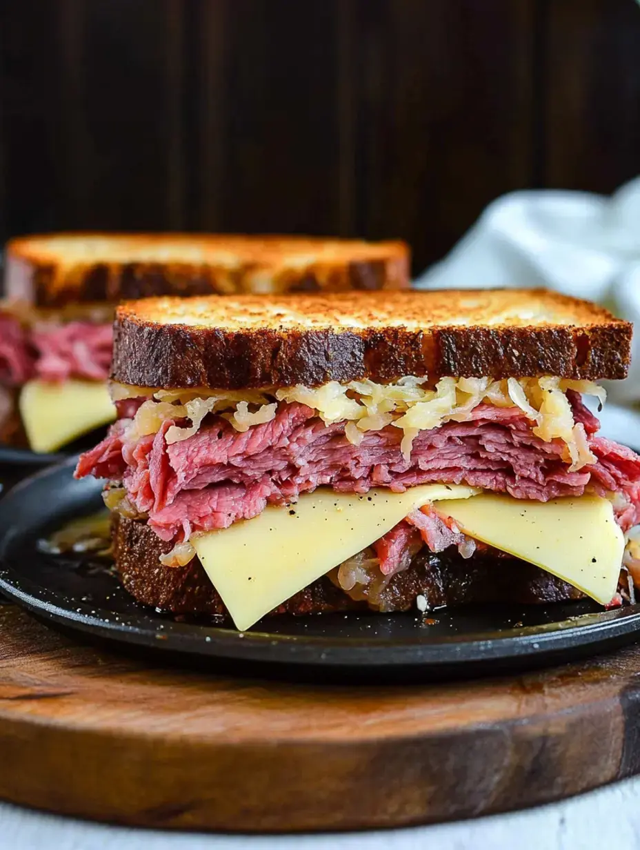 Un gros plan d'un sandwich garni de couches de bœuf salé, choucroute et fromage entre des tranches de pain grillé sur une assiette noire.