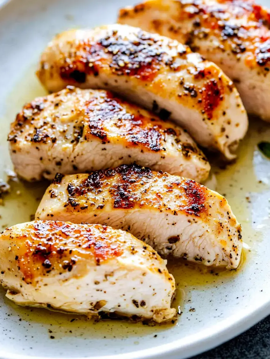 Des blancs de poulet grillés tranchés sont disposés sur une assiette, brillants d'assaisonnement et d'huile de cuisson.