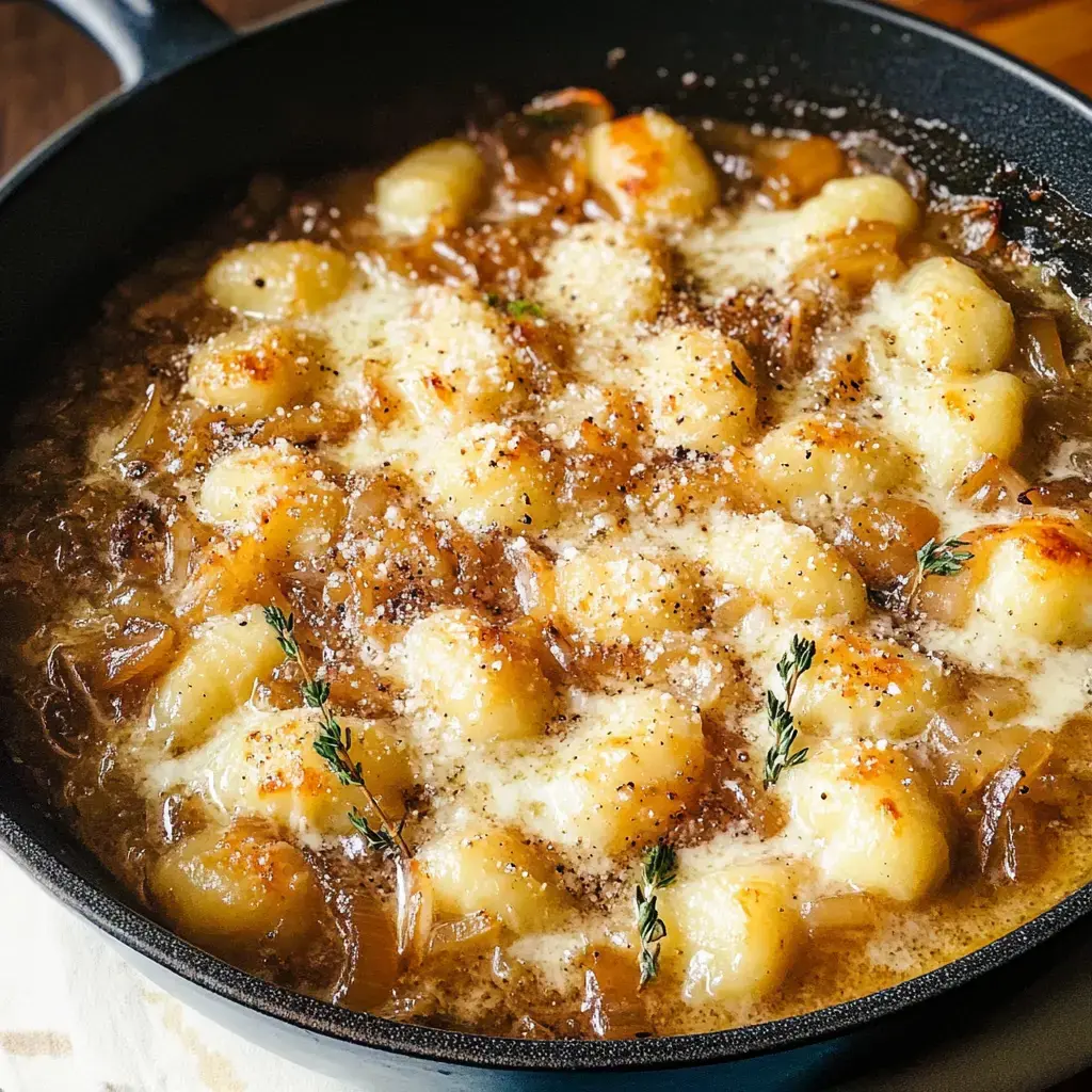Un plat rempli de gnocchi dorés superposés dans une sauce savoureuse, nappés de fromage fondu et garnis d'herbes aromatiques.