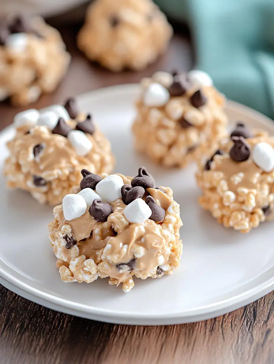 Une assiette blanche contient plusieurs petits amas ronds faits de pop-corn, garnis de pépites de chocolat et mini guimauves.