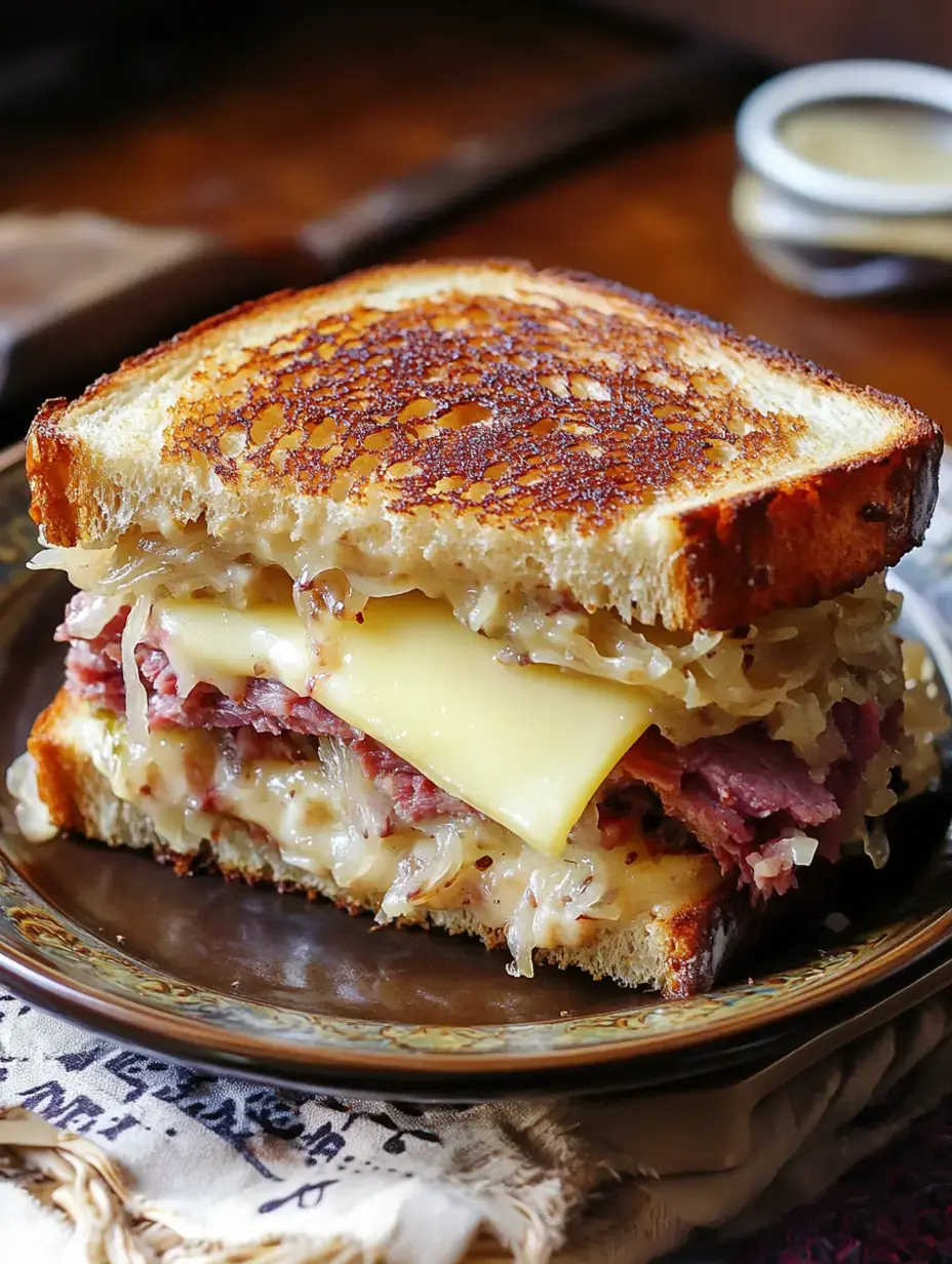 Un sandwich grillé avec des couches de bœuf salé, fromage fondu et choucroute, servi sur du pain grillé.