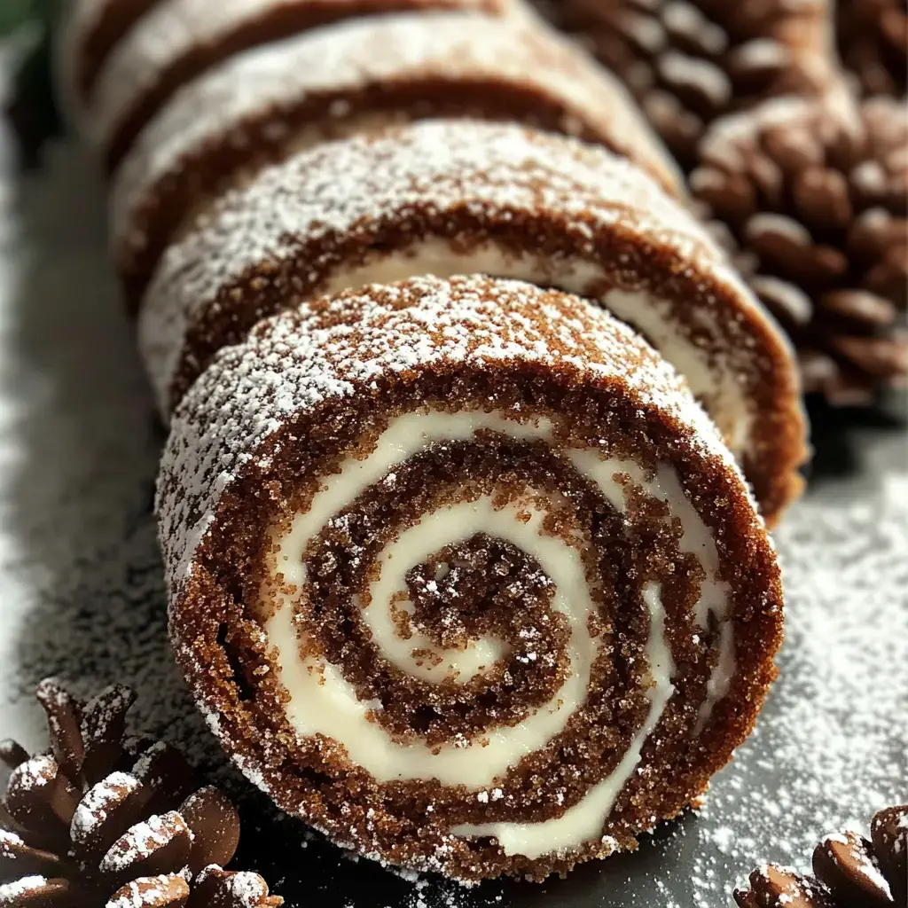 Un gros plan d'un gâteau roulé au chocolat saupoudré de sucre glace, montrant une spirale de garniture crémeuse, accompagné de pommes de pin en arrière-plan.