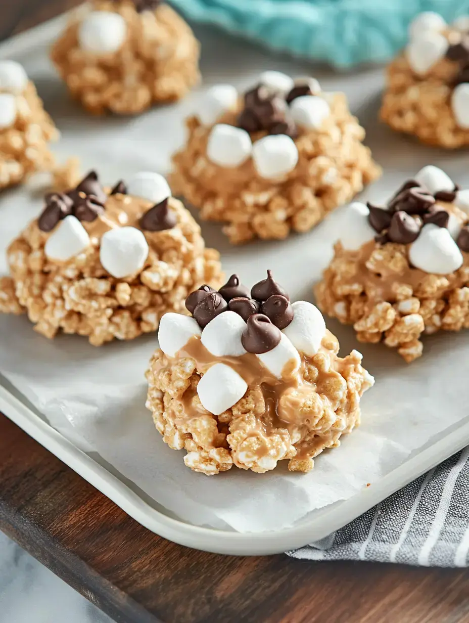 Un plateau d'amas de pop-corn enrobés de guimauve et de chocolat disposés sur du papier cuisson.