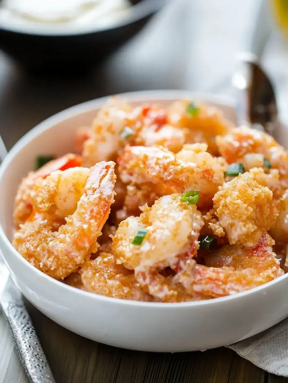Un bol de crevettes croustillantes enrobées d'une panure dorée, garnies de ciboule.