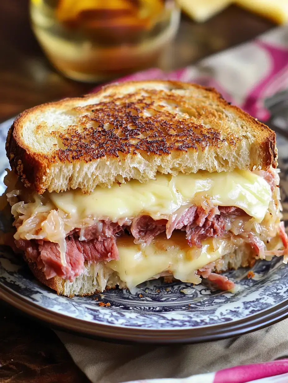 Un gros plan d'un sandwich grillé garni de couches de bœuf salé, fromage fondu et choucroute sur du pain grillé, servi sur une assiette décorative.