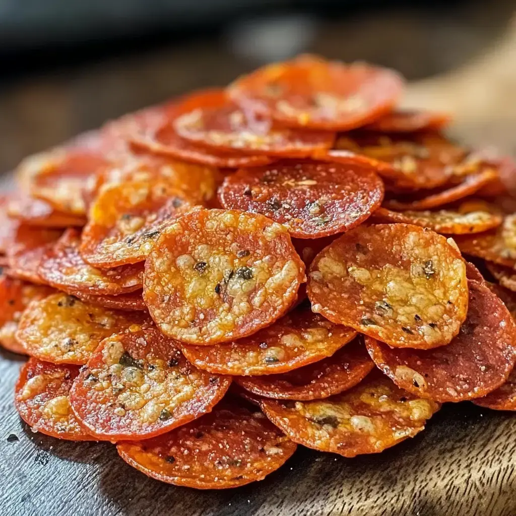 Un gros plan sur un tas de tranches de pepperoni croustillantes, dorées, disposées sur une surface en bois.