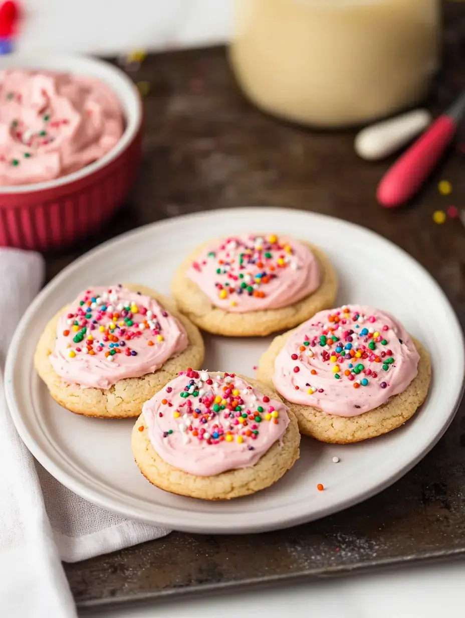 Une assiette de biscuits glacés garnis de paillettes colorées, avec un bol de glaçage rose en arrière-plan.