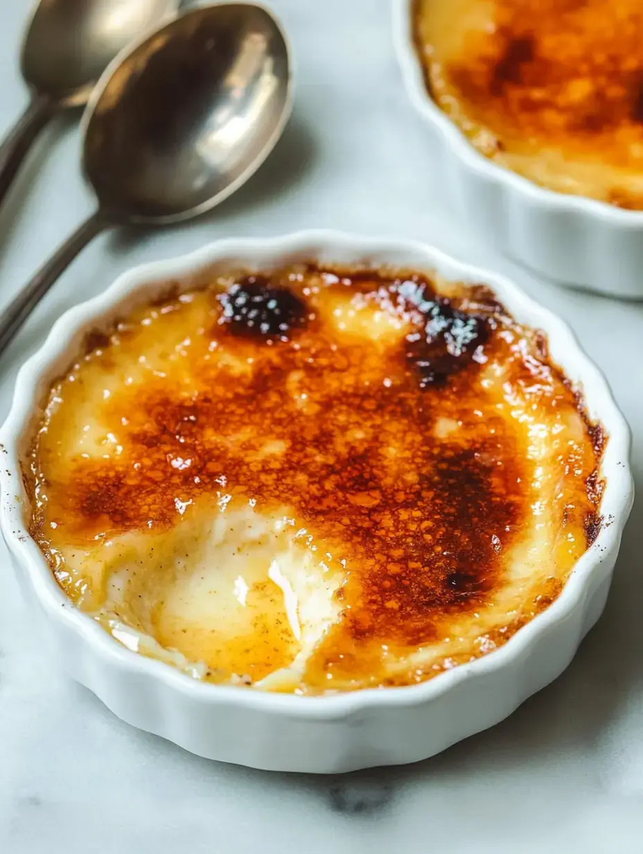 Un gros plan d'un dessert crème brûlée crémeux dans un plat blanc, avec une garniture de sucre caramélisé et deux cuillères argentées à côté.