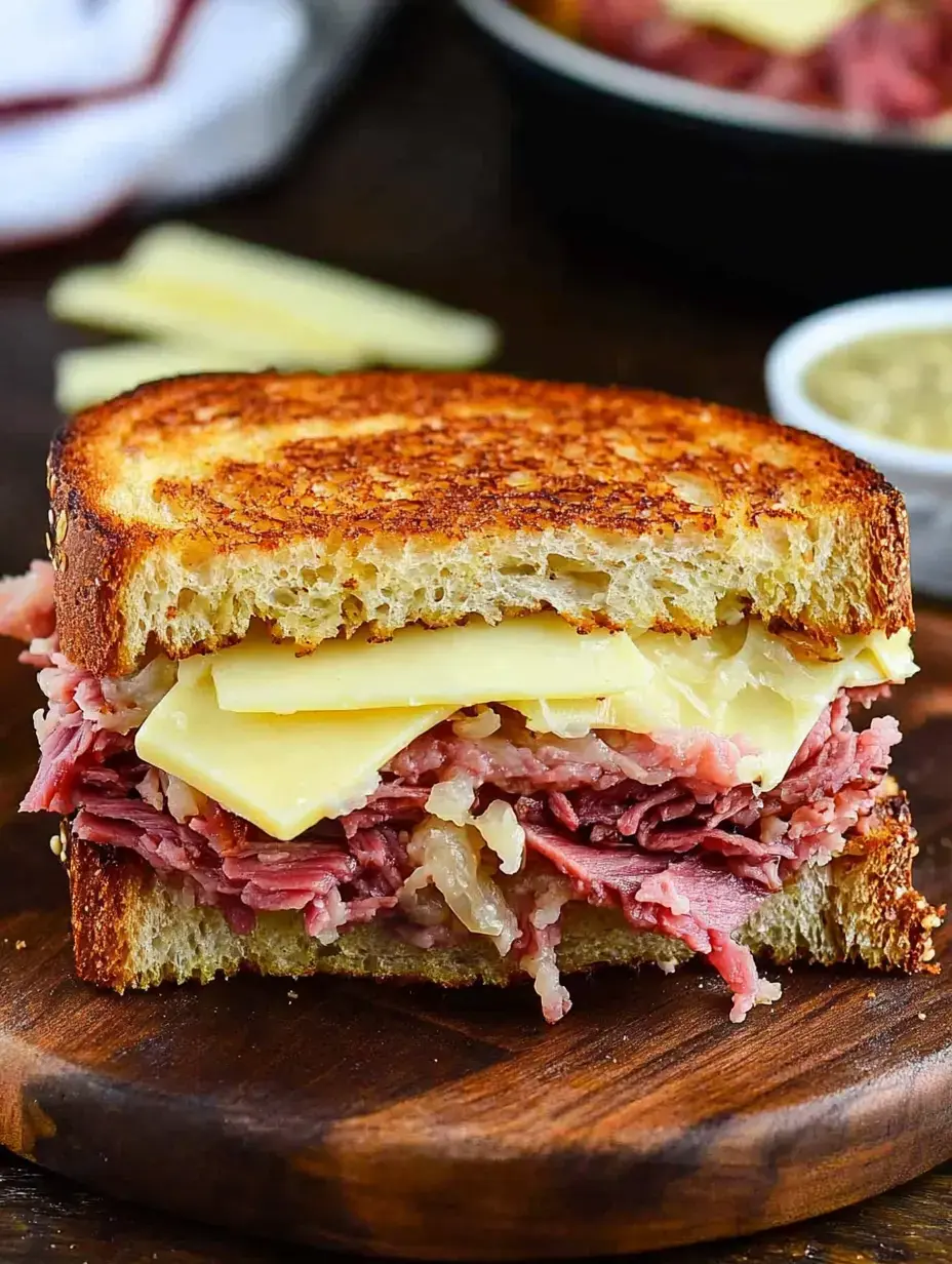 Un sandwich grillé garni de couches de bœuf salé et fromage fondu sur du pain rustique.