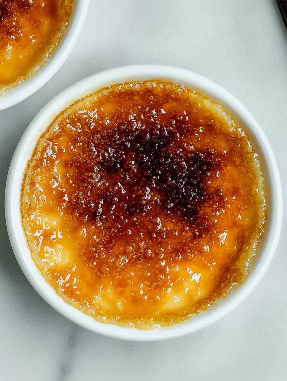 Un gros plan de deux ramequins remplis de crème brûlée caramélisée, montrant une croûte de sucre brillante et brune sur le dessus.