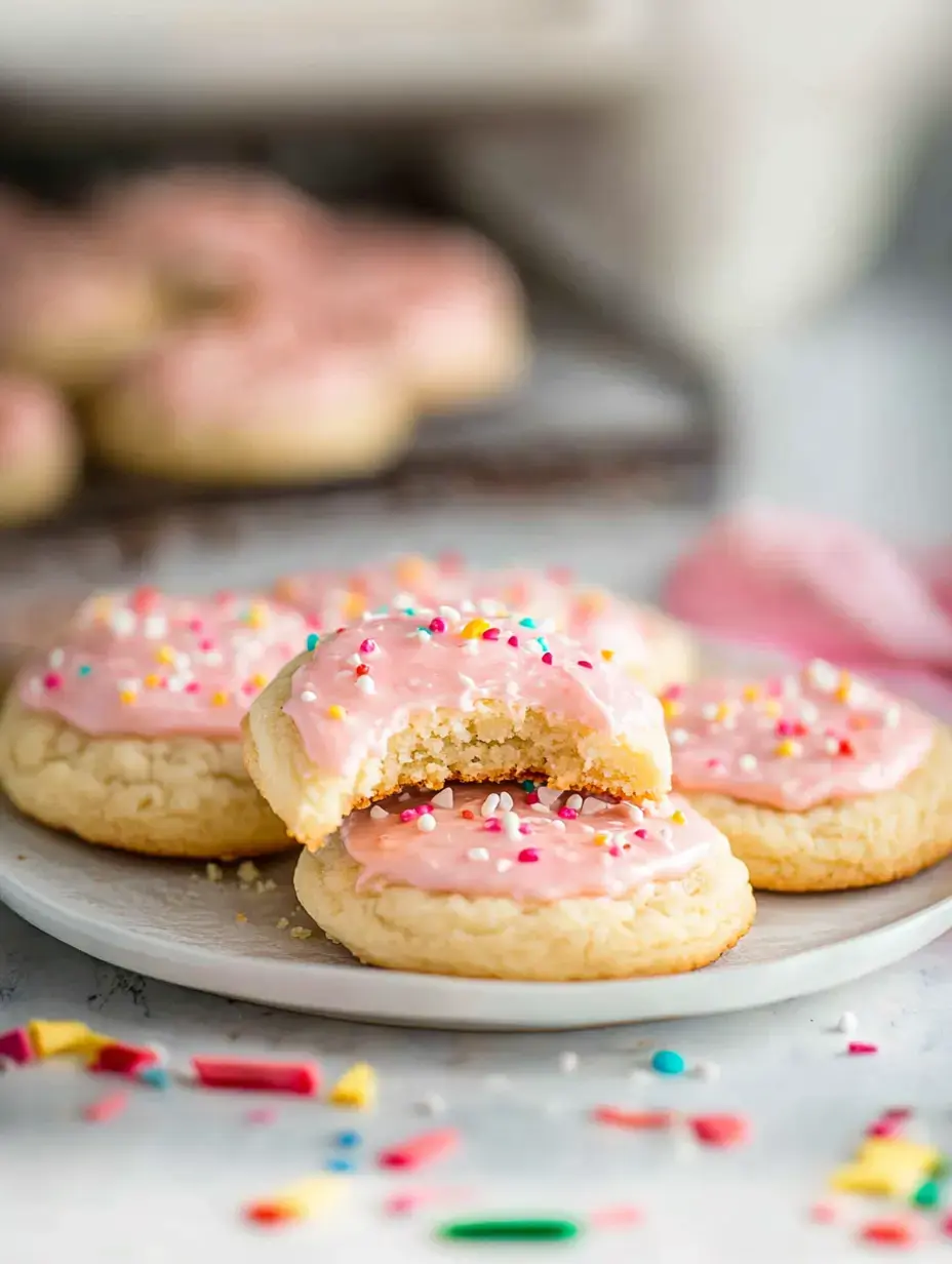 Une assiette de biscuits glacés décorés de paillettes colorées, avec un biscuit mordu.