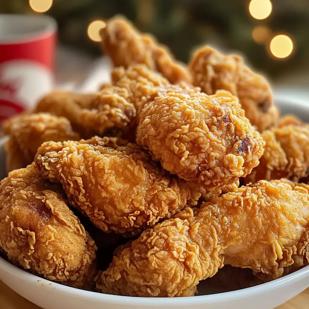 Un gros plan d'un bol rempli de poulet frit doré et croustillant, avec des lumières floues en arrière-plan.