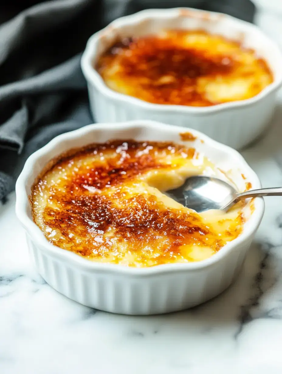 Deux assiettes de crème brûlée avec un dessus caramélisé et une cuillère posée à côté de l'une d'elles, disposées sur une surface en marbre.