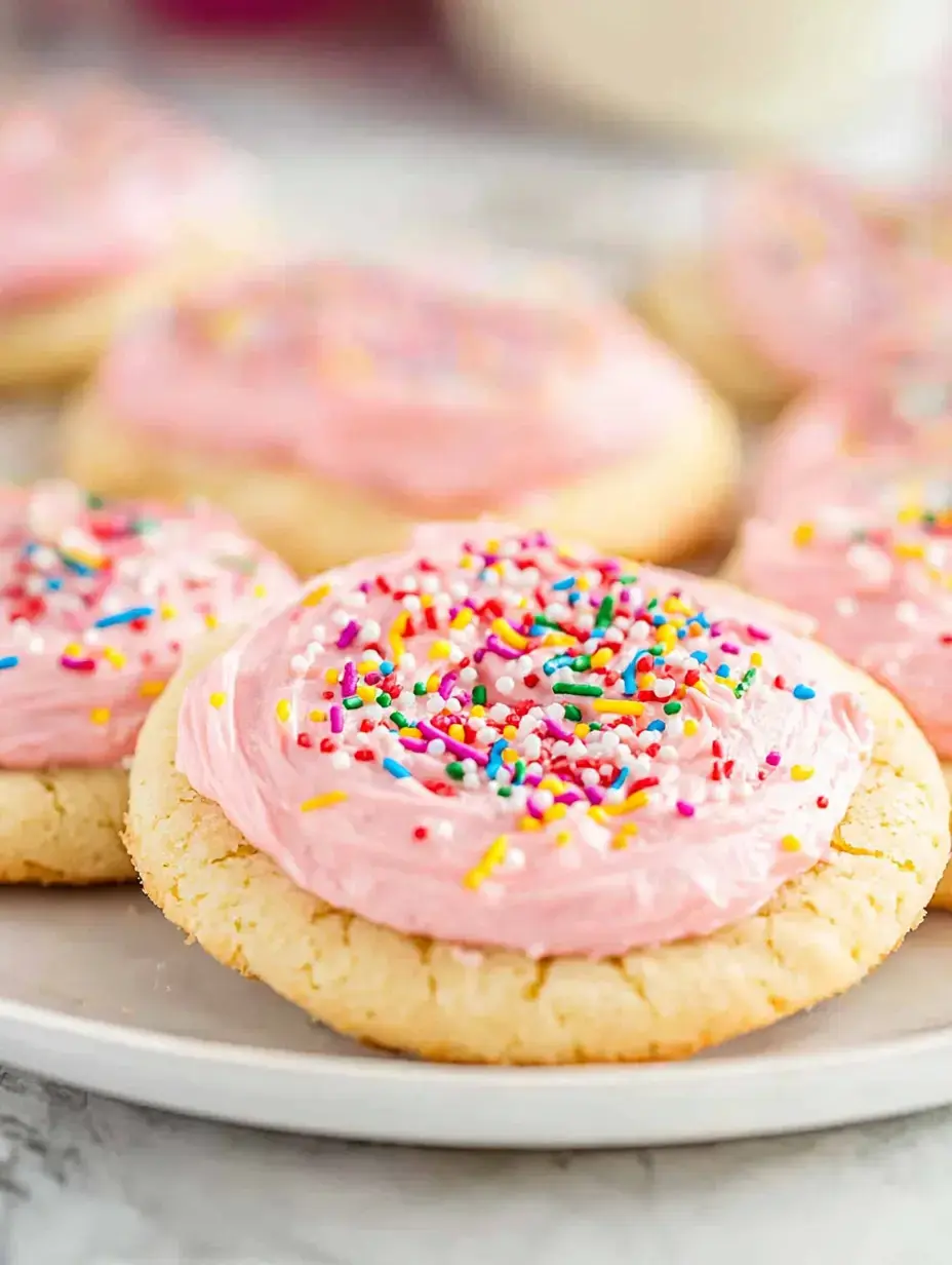 Un gros plan de biscuits sucrés glacés avec un glaçage rose et des paillettes colorées sur une assiette blanche.