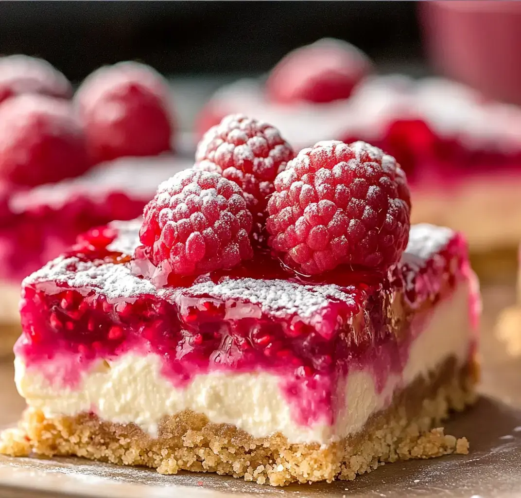 Un gros plan d'un dessert en couches avec une garniture crémeuse surmontée de gélatine à la framboise et de framboises fraîches, saupoudré de sucre glace.