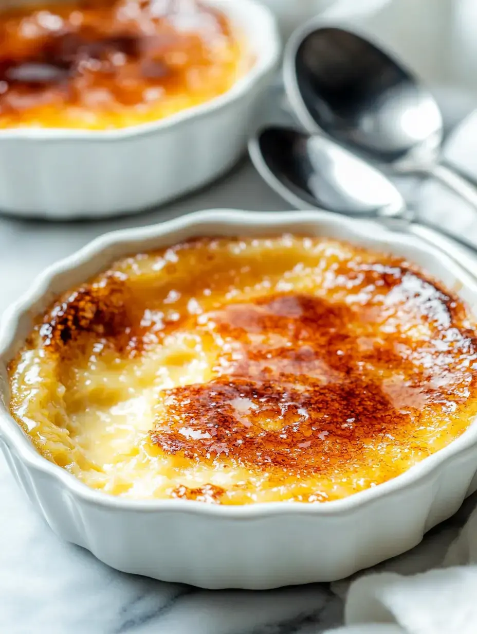 Un gros plan d'une crème brûlée crémeuse dans un plat blanc avec une garniture de sucre caramélisé, accompagnée de deux cuillères.