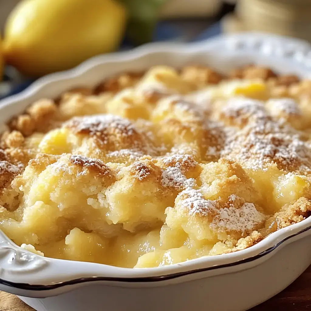Un gros plan d'un dessert au citron fraîchement cuit dans un plat blanc, saupoudré de sucre glace et montrant une croûte dorée.