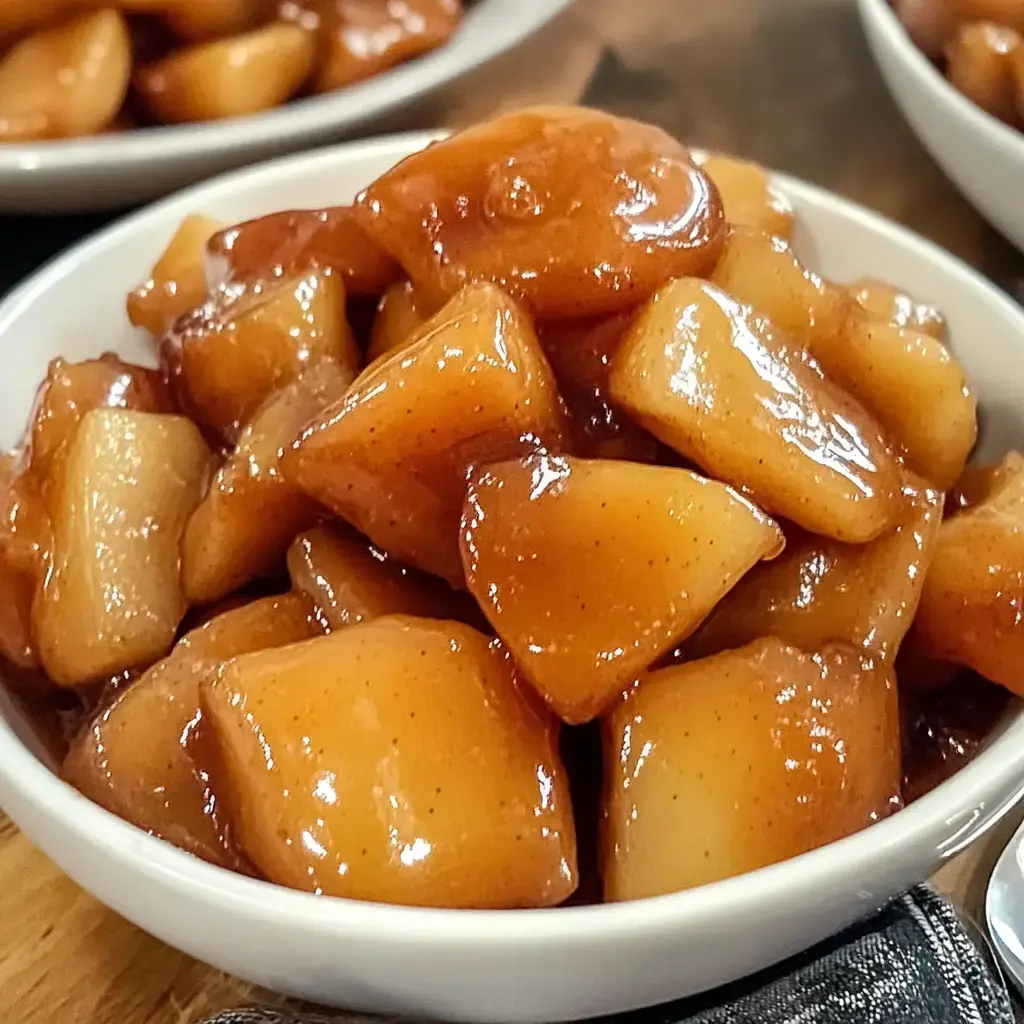 Un bol blanc rempli de quartiers de pommes brillants caramélisés, saupoudrés de cannelle.
