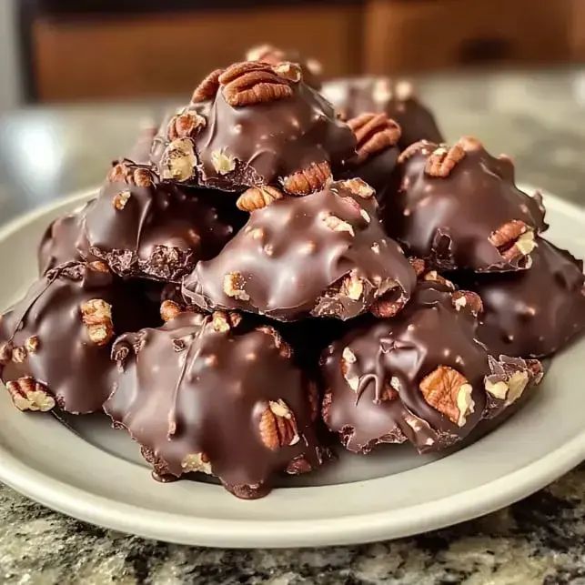 Une assiette de petits amas de noix de pécan enrobés de chocolat empilés ensemble.