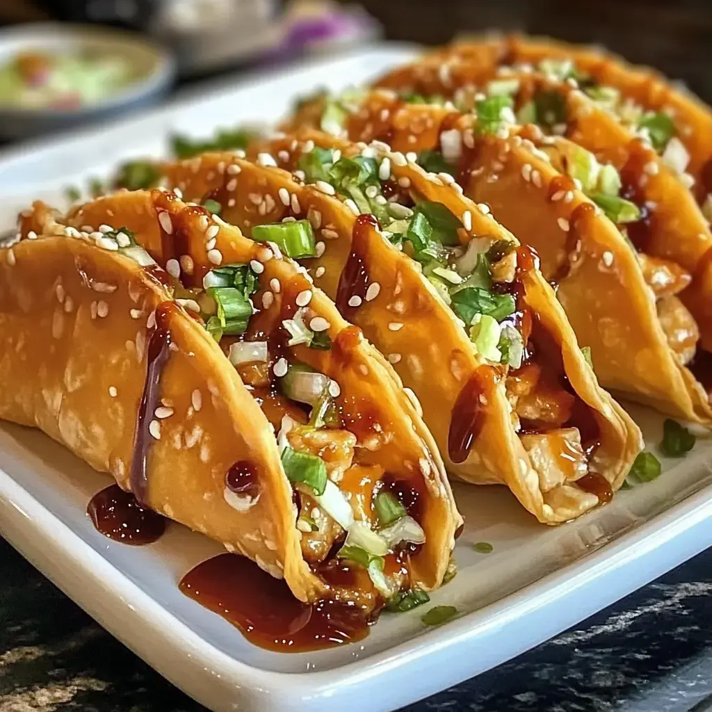 Un plateau de quatre tacos croustillants remplis de viande, garnis d'oignons verts, de graines de sésame et nappés de sauce.