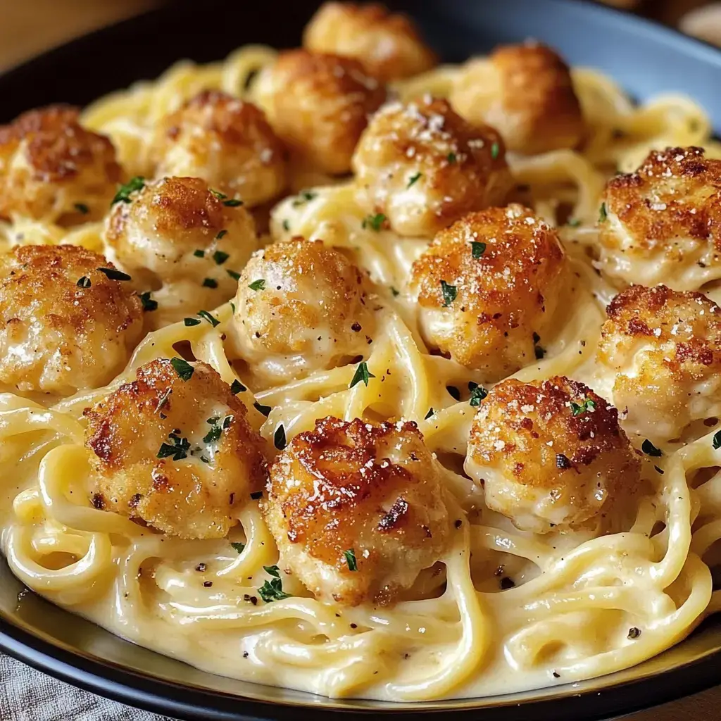 Un gros plan d'une assiette de pâtes fettuccine crémeuses garnies de coquilles Saint-Jacques panées dorées et parsemées d'herbes.