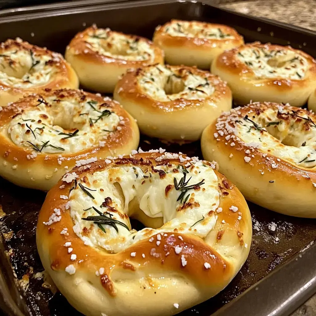 Un gros plan de bagels fraîchement cuits, dorés, garnis de fromage crémeux, saupoudrés de sel de mer et décorés d'herbes vertes.