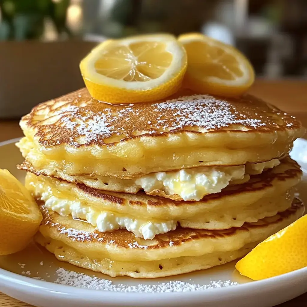Une pile de pancakes moelleux farcis au fromage crémeux, garnis de tranches de citron et saupoudrés de sucre glace.