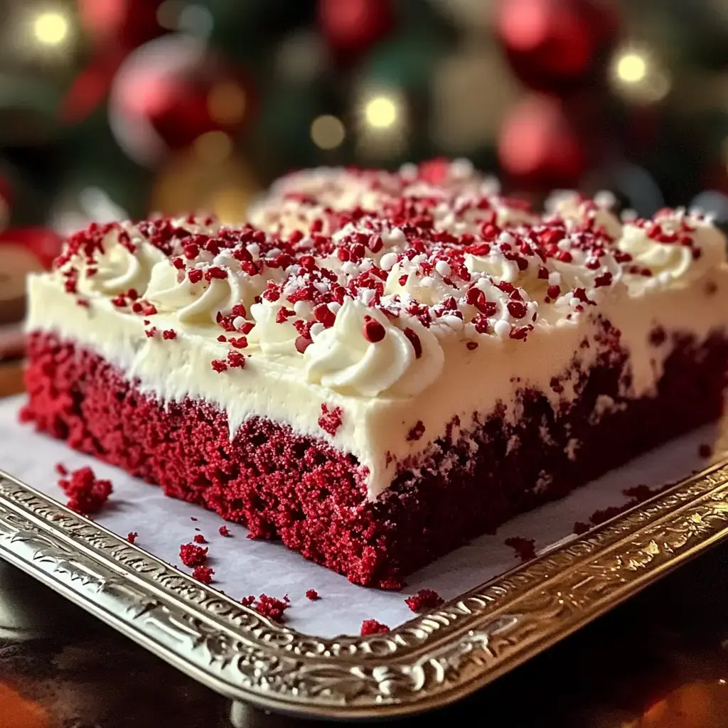 Un gâteau rectangulaire rouge recouvert de glaçage blanc et de paillettes rouges, présenté sur un plateau argenté avec un arrière-plan festif flou.