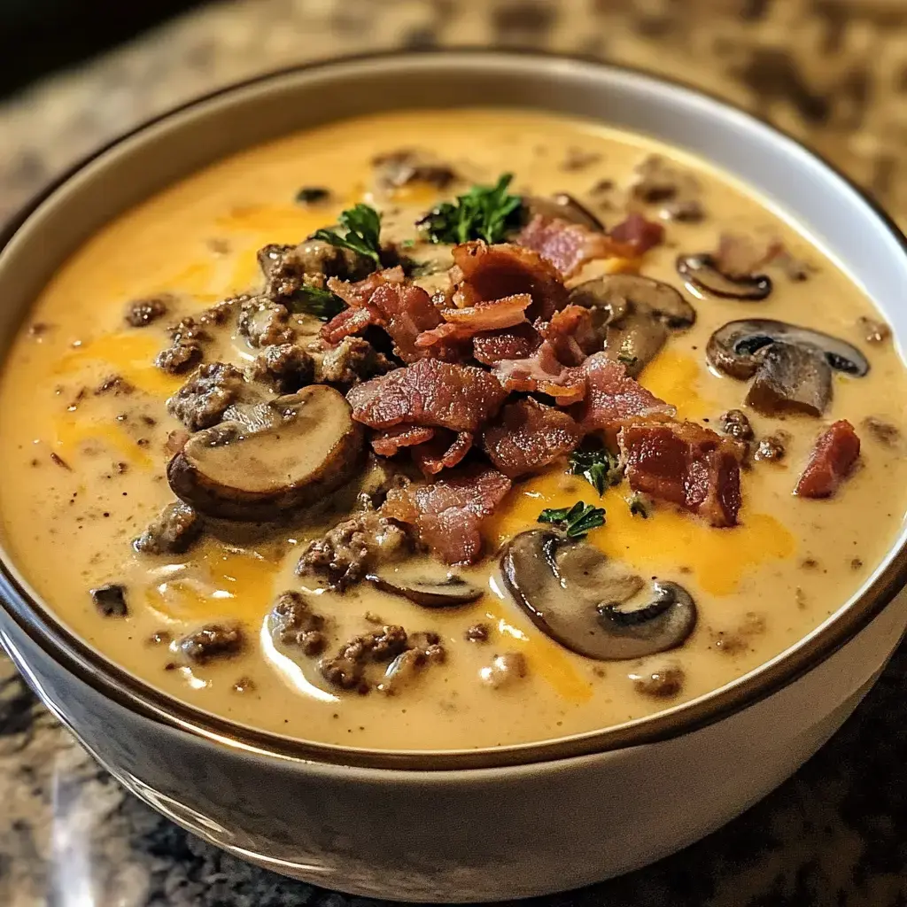 Une soupe crémeuse garnie de bacon, viande hachée, champignons et fromage râpé.