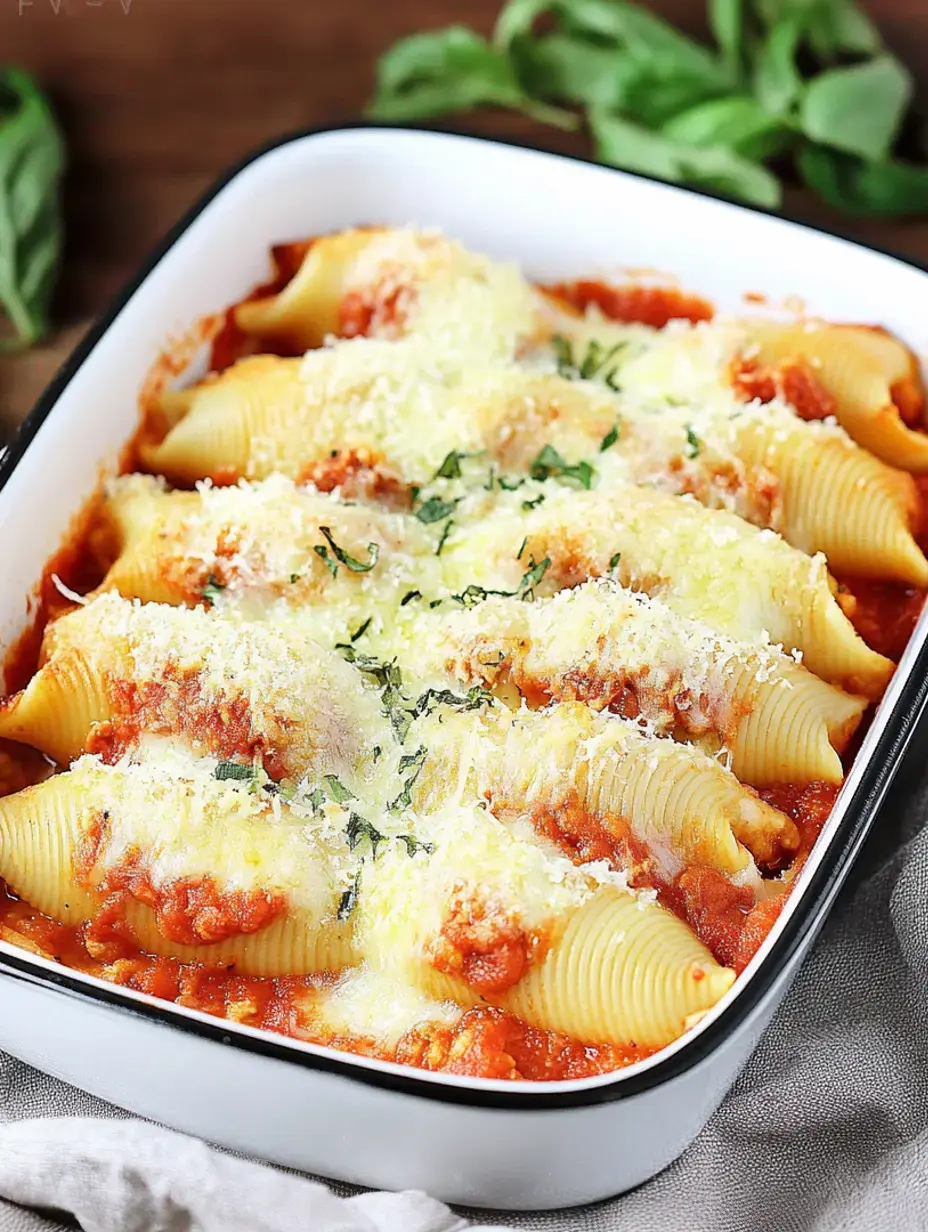 Un plat de coquilles de pâtes farcies garnies de fromage et d'herbes, cuites dans une riche sauce tomate.