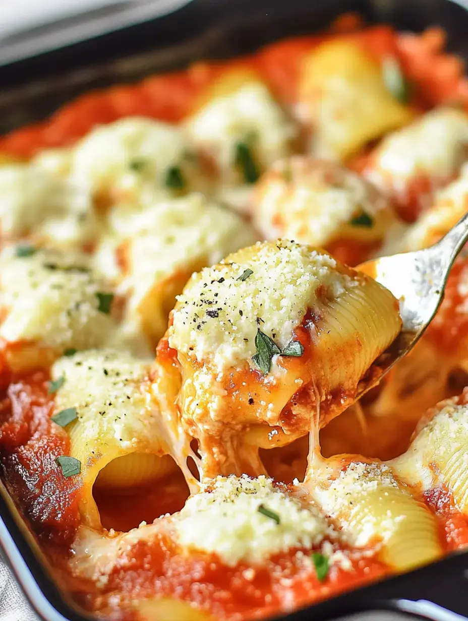 Une fourchette soulève une coquille de pâtes au fromage cuite avec de la sauce marinara et des herbes d'un plat rempli de plus de pâtes, fromage et sauce.