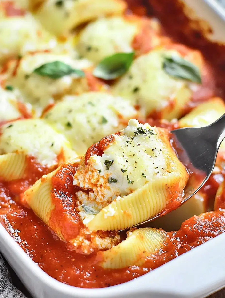Une portion de coquilles de pâtes farcies garnies de fromage fondu et de basilic dans une sauce marinara.