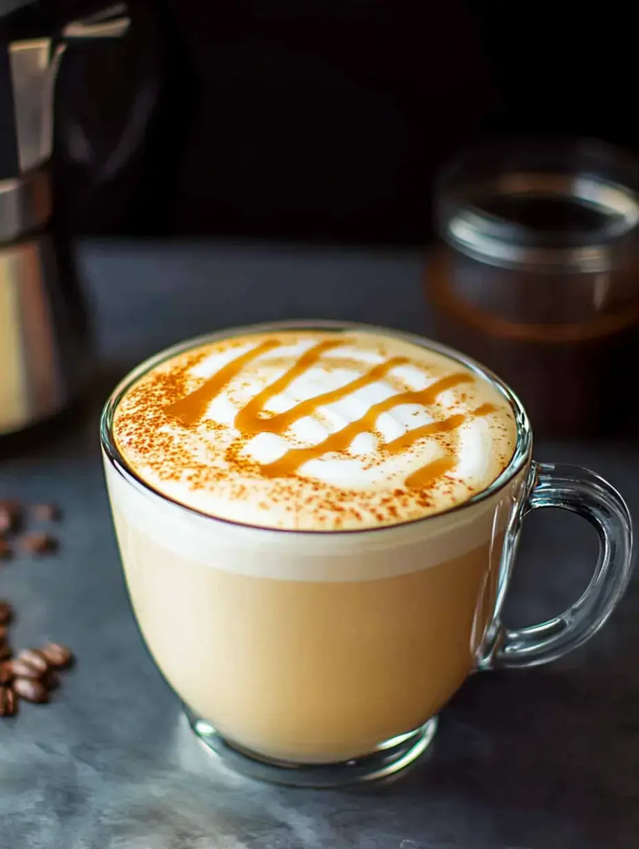 Gros plan d'un mug en verre rempli de café crémeux garni de crème fouettée et filet de caramel, avec des grains de café et une cafetière en arrière-plan.