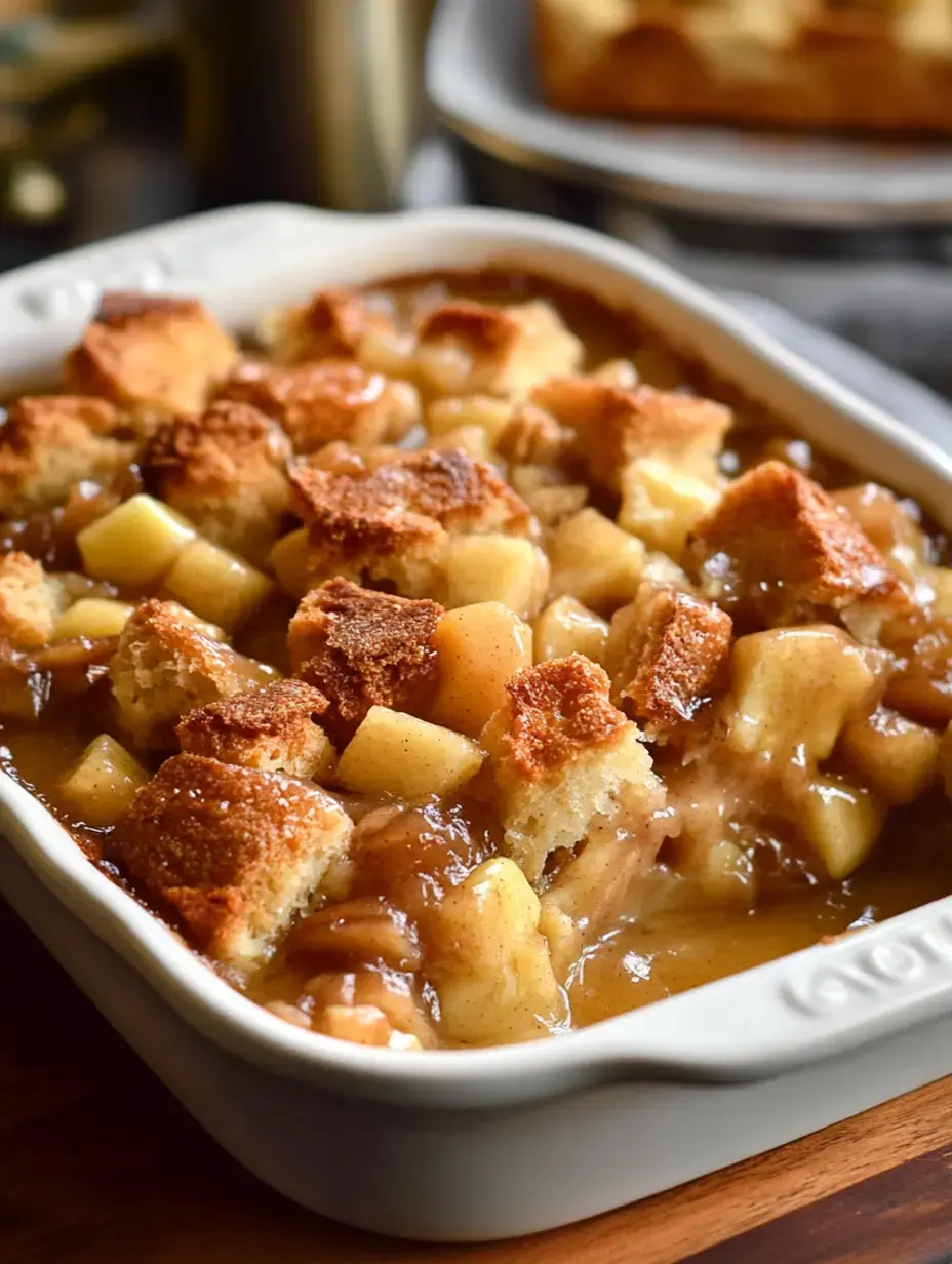 Un gros plan d'un dessert aux pommes cuit présentant des morceaux de pommes tendres et garni de cubes de pain dorés et croustillants dans un plat blanc.