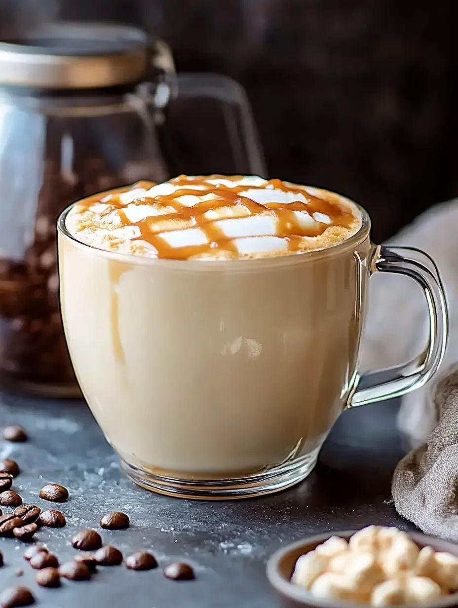 Gros plan d'un latte garni de crème fouettée et d'un filet de caramel, placé à côté de grains de café et de pop-corn.